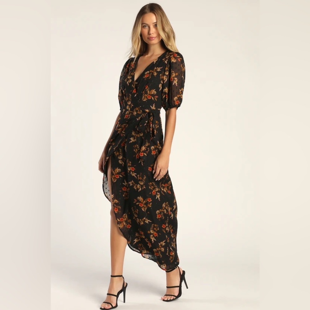 Lulu’s NWT Seasonal Chic Black Floral Swiss Dot Wrap Maxi Dress
